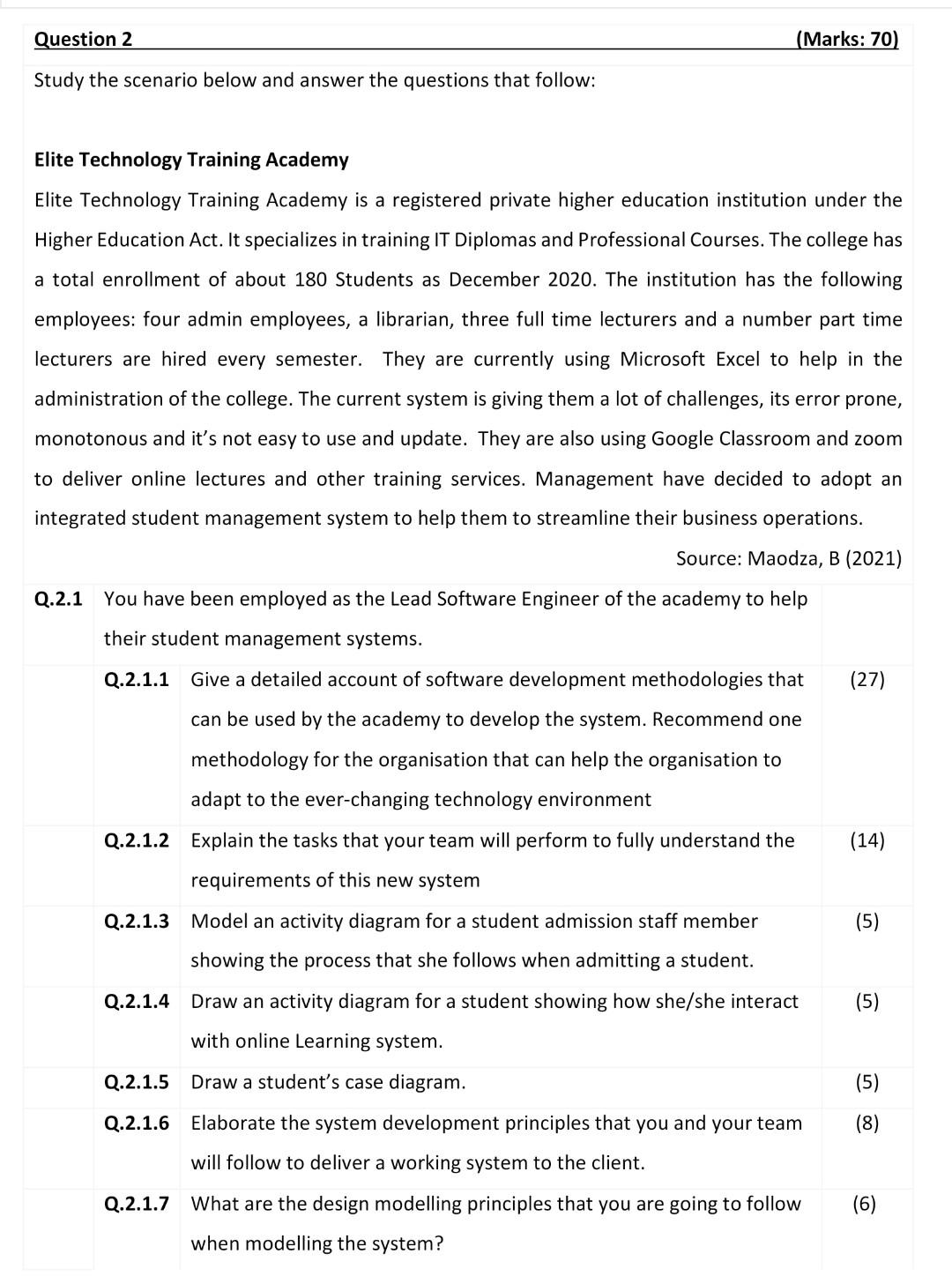 Question 2 Marks 70 Study The Scenario Below And Answer The Questions That Follow Elite Technology Training Academy 1