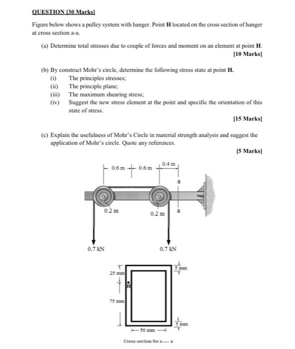 Question 30 Marks Figure Below Shows A Pulley System With Hanger Point H Located On The Cross Section Of Hanger At Cr 1