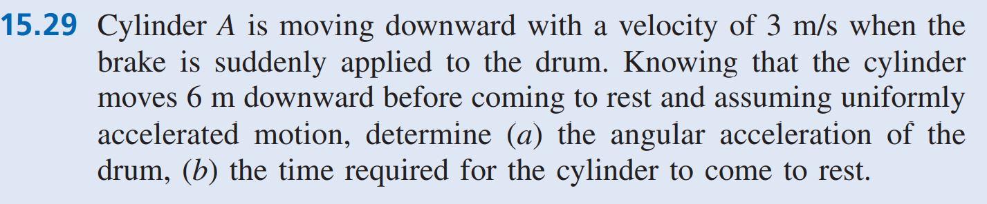 15 29 Cylinder A Is Moving Downward With A Velocity Of 3 M S When The Brake Is Suddenly Applied To The Drum Knowing Tha 1