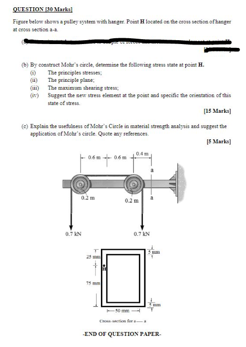 Question 30 Marks Figure Below Shows A Pulley System With Hanger Point H Located On The Cross Section Of Hanger At Cro 1