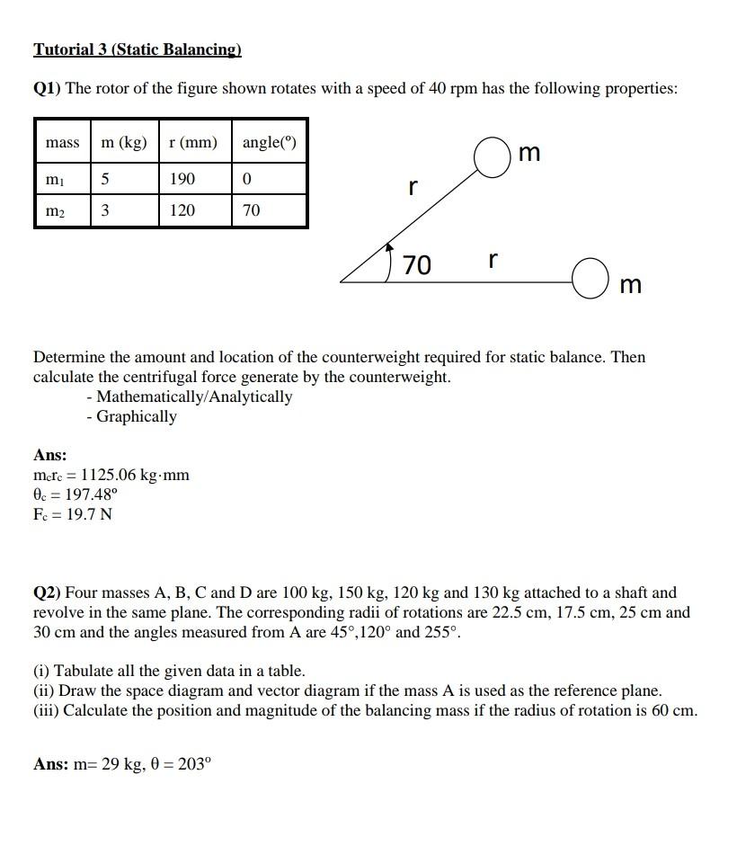 Tutorial 3 Static Balancing Q1 The Rotor Of The Figure Shown Rotates With A Speed Of 40 Rpm Has The Following Propert 1