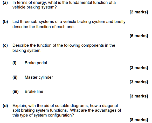A In Terms Of Energy What Is The Fundamental Function Of A Vehicle Braking System 2 Marks B List Three Sub Syste 1