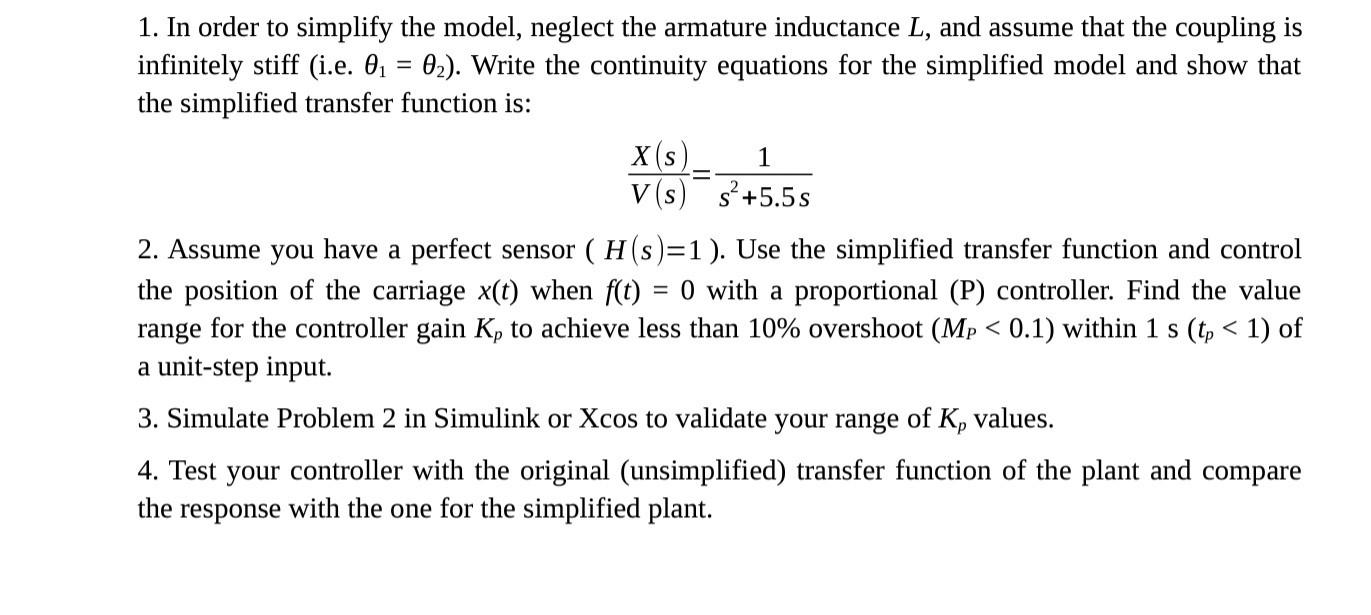 1 In Order To Simplify The Model Neglect The Armature Inductance L And Assume That The Coupling Is Infinitely Stiff 1