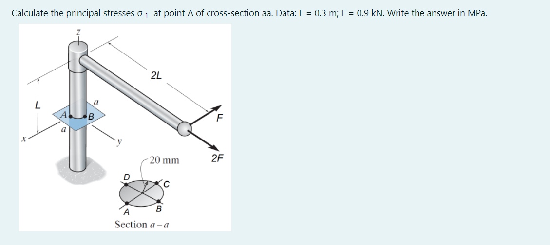 Calculate The Principal Stresses 01 At Point A Of Cross Section Aa Data L 0 3 M F 0 9 Kn Write The Answer In Mpa 1