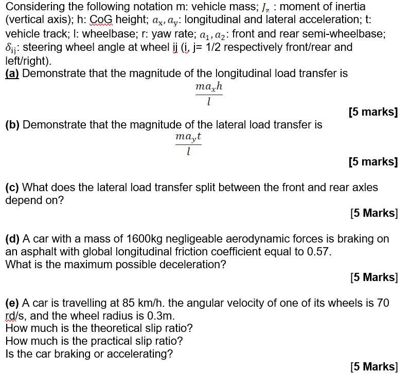Considering The Following Notation M Vehicle Mass J Moment Of Inertia Vertical Axis H Cog Height Ay Ay Longit 1