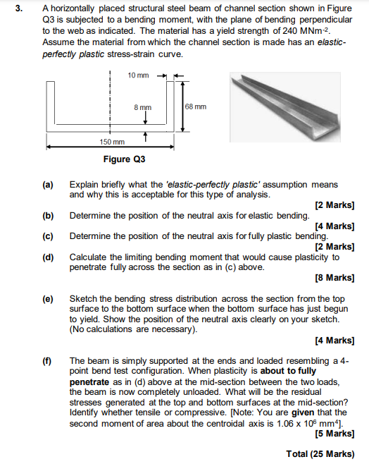 3 3 A Horizontally Placed Structural Steel Beam Of Channel Section Shown In Figure Q3 Is Subjected To A Bending Moment 1