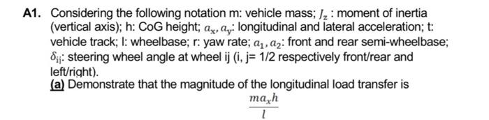 A1 Considering The Following Notation M Vehicle Mass Moment Of Inertia Vertical Axis H Cog Height Ay Qy Lon 1