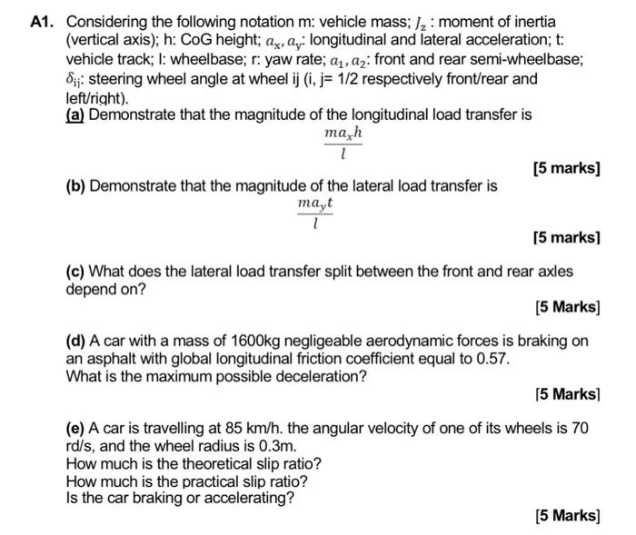 A1 Considering The Following Notation M Vehicle Mass Moment Of Inertia Vertical Axis H Cog Height Az Ay Lon 1