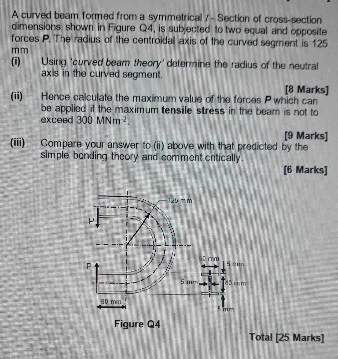 Ii A Curved Beam Formed From A Symmetrical 1 Section Of Cross Section Dimensions Shown In Figure Q4 Is Subjected To 1