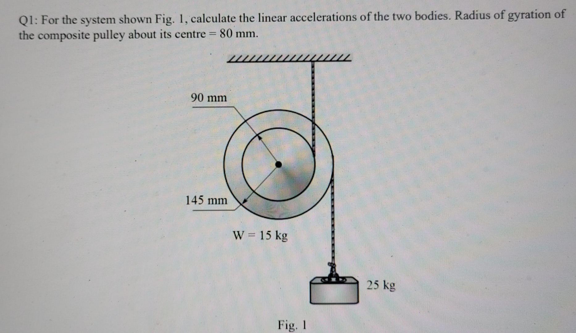 Q1 For The System Shown Fig 1 Calculate The Linear Accelerations Of The Two Bodies Radius Of Gyration Of The Composi 1