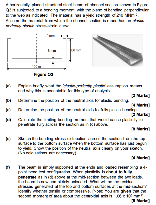 A Horizontally Placed Structural Steel Beam Of Channel Section Shown In Figure Q3 Is Subjected To A Bending Moment With 1