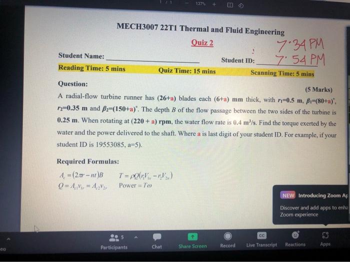 1371 Mech3007 22t1 Thermal And Fluid Engineering Quiz 2 Student Name Student Id 7 54 Pm Reading Time 5 Mins Quiz T 1