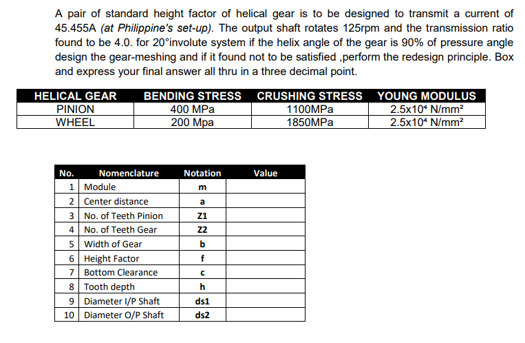 A Pair Of Standard Height Factor Of Helical Gear Is To Be Designed To Transmit A Current Of 45 455a At Philippine S Set 1