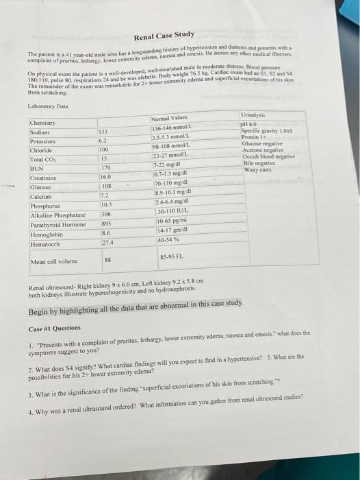 Renal Case Study Complaint Of Pruritus Lethargy Lower Extremity Edema Nausea And Emesis He Denies Any Other Medical I 1