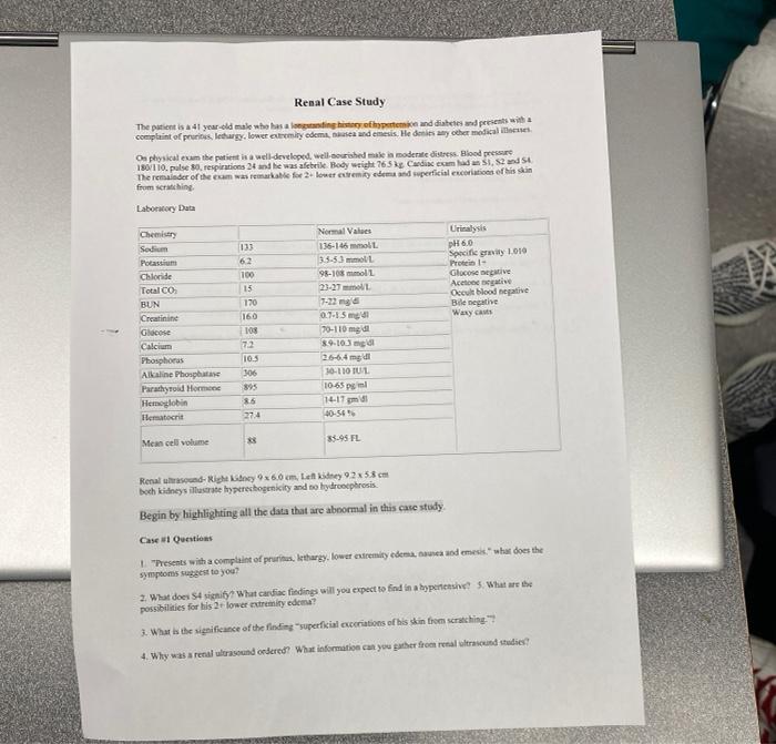 Renal Case Study The Patient Is 41 Year Old Male Who Has A Loting His Home And Diabetes And Presents With Complaint Of P 1