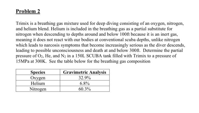 Problem 2 Trimix Is A Breathing Gas Mixture Used For Deep Diving Consisting Of An Oxygen Nitrogen And Helium Blend He 1