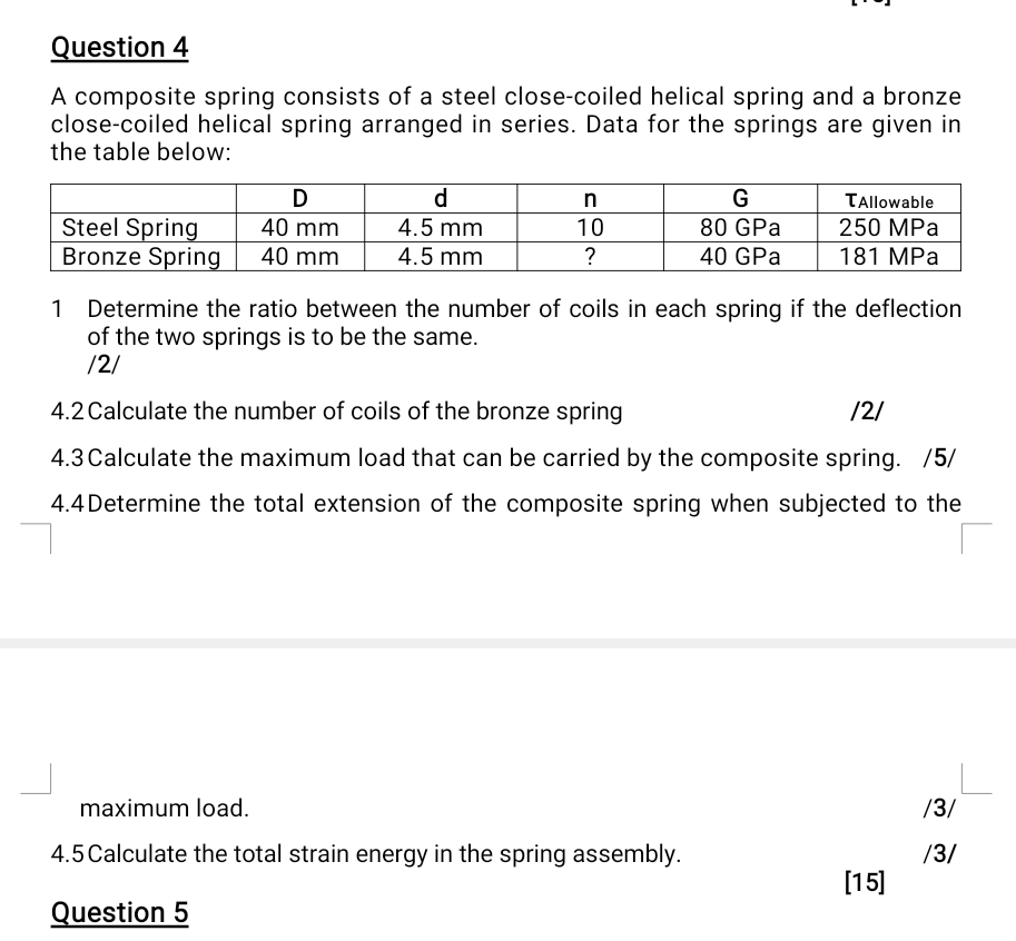 Question 4 A Composite Spring Consists Of A Steel Close Coiled Helical Spring And A Bronze Close Coiled Helical Spring A 1