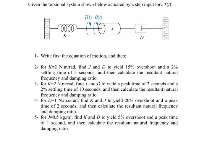 Given The Torsional System Shown Below Actuated By A Step Input Torc T T T 1 0000 K Cros D 1 Write First The Eq 1