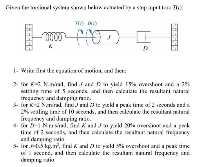 Given The Torsional System Shown Below Actuated By A Step Input Tore T T T T E T Lili 1 4 1 0000 Cro J He K D 1 Wri 1