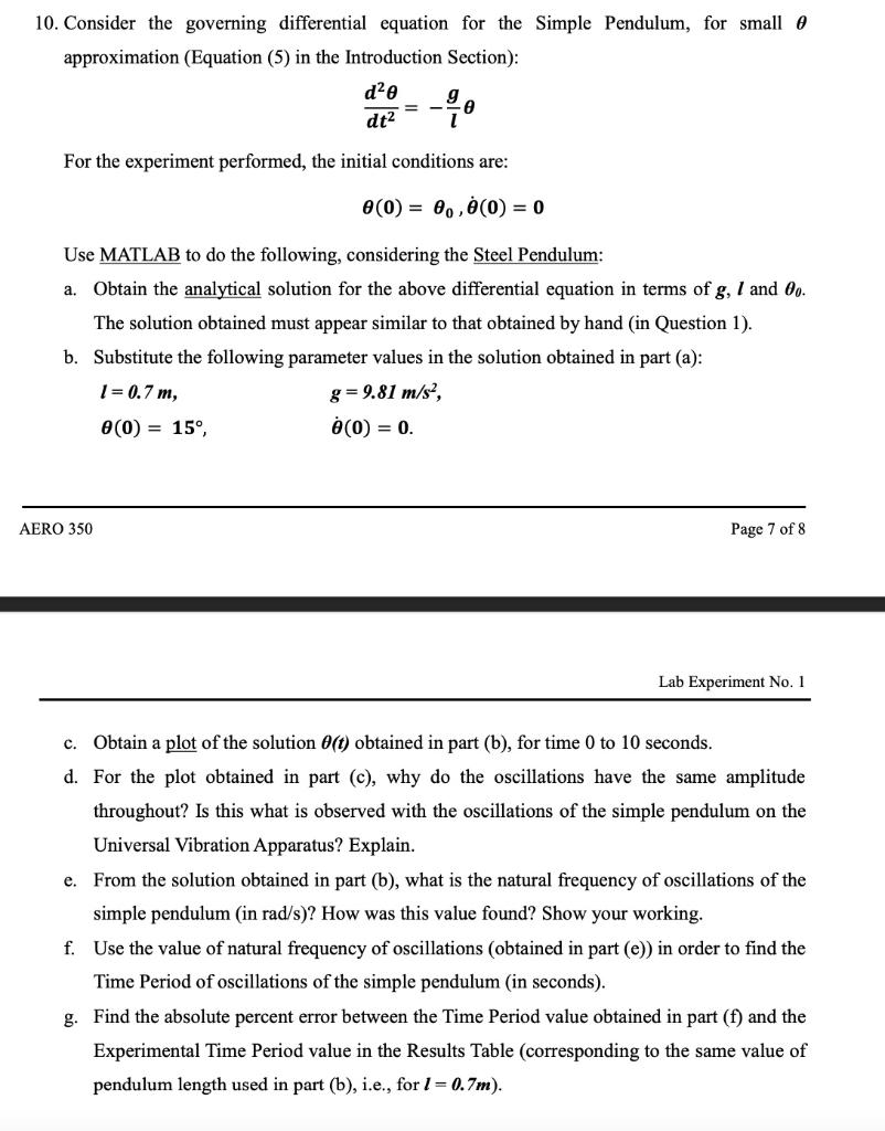 10 Consider The Governing Differential Equation For The Simple Pendulum For Small A Approximation Equation 5 In The 1
