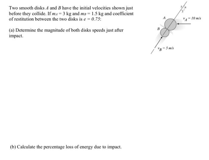 A 10 M S Two Smooth Disks A And B Have The Initial Velocities Shown Just Before They Collide If Ma 3 Kg And Me 1 5 K 1