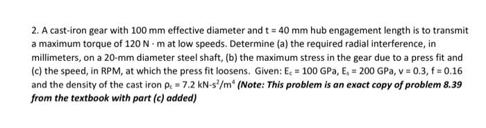 2 A Cast Iron Gear With 100 Mm Effective Diameter And T 40 Mm Hub Engagement Length Is To Transmit A Maximum Torque O 1
