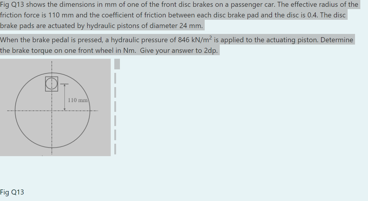 Fig Q13 Shows The Dimensions In Mm Of One Of The Front Disc Brakes On A Passenger Car The Effective Radius Of The Frict 1