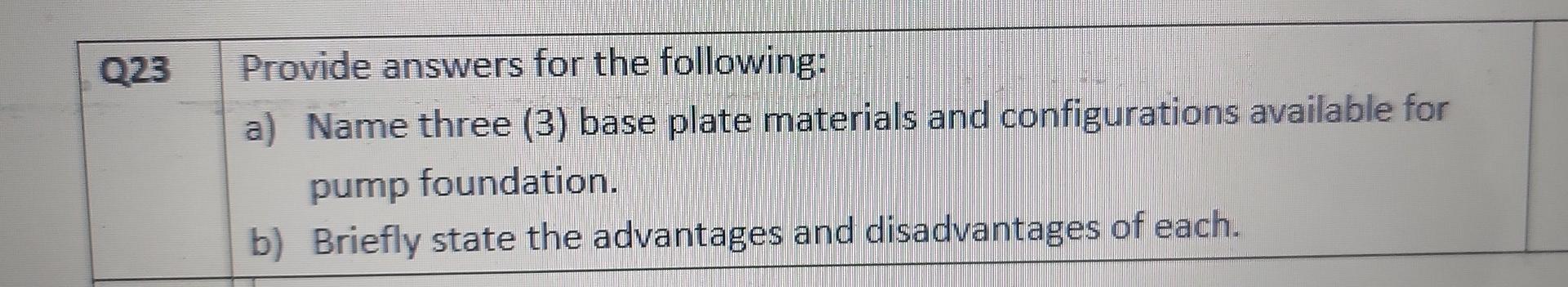 Q23 Provide Answers For The Following A Name Three 3 Base Plate Materials And Configurations Available For Pump Foun 1
