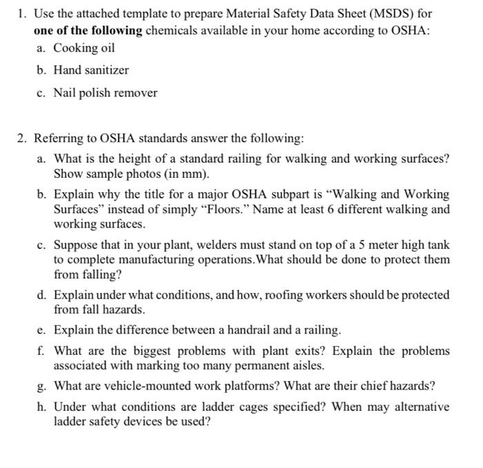 1 Use The Attached Template To Prepare Material Safety Data Sheet Msds For One Of The Following Chemicals Available I 1