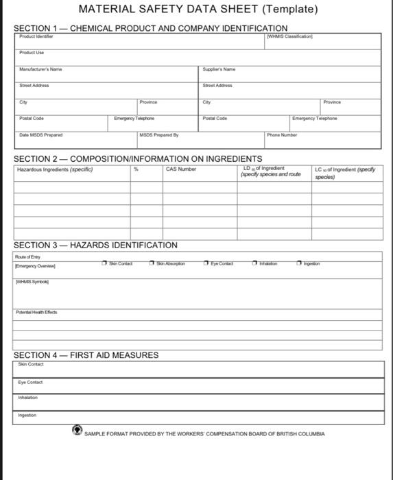 1 Use The Attached Template To Prepare Material Safety Data Sheet Msds For One Of The Following Chemicals Available I 2