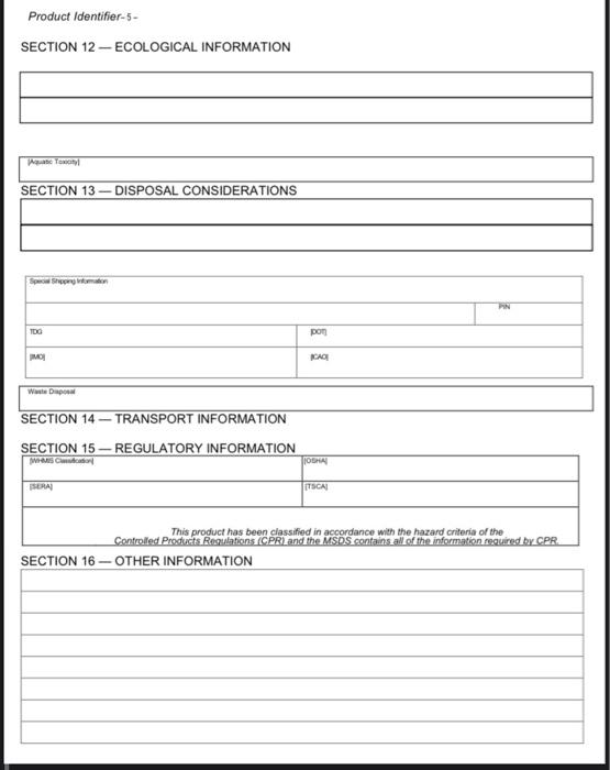 1 Use The Attached Template To Prepare Material Safety Data Sheet Msds For One Of The Following Chemicals Available I 6