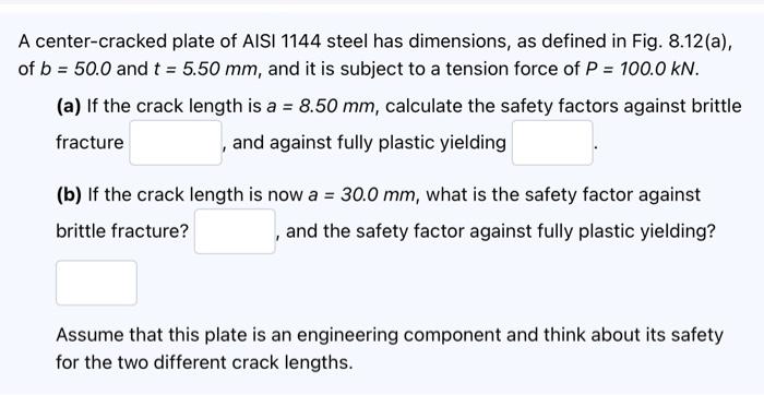 A Center Cracked Plate Of Aisi 1144 Steel Has Dimensions As Defined In Fig 8 12 A Of B 50 0 And T 5 50 Mm And I 1