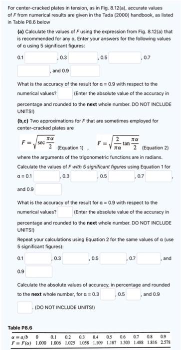 For Center Cracked Plates In Tension As In Fig 8 12 A Accurate Values Of Ffrom Numerical Results Are Given In The Ta 1
