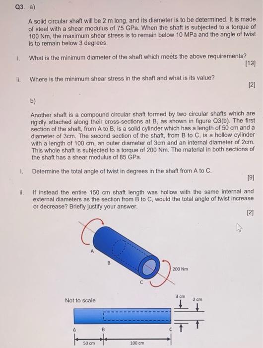 Q3 A A Solid Circular Shaft Will Be 2 M Long And Its Diameter Is To Be Determined It Is Made Of Steel With A Shear M 1