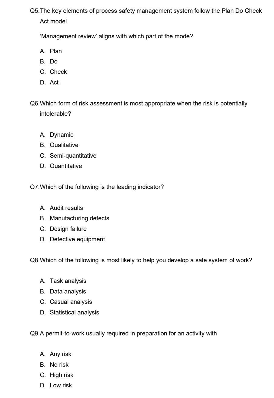 Q5 The Key Elements Of Process Safety Management System Follow The Plan Do Check Act Model Management Review Aligns W 1