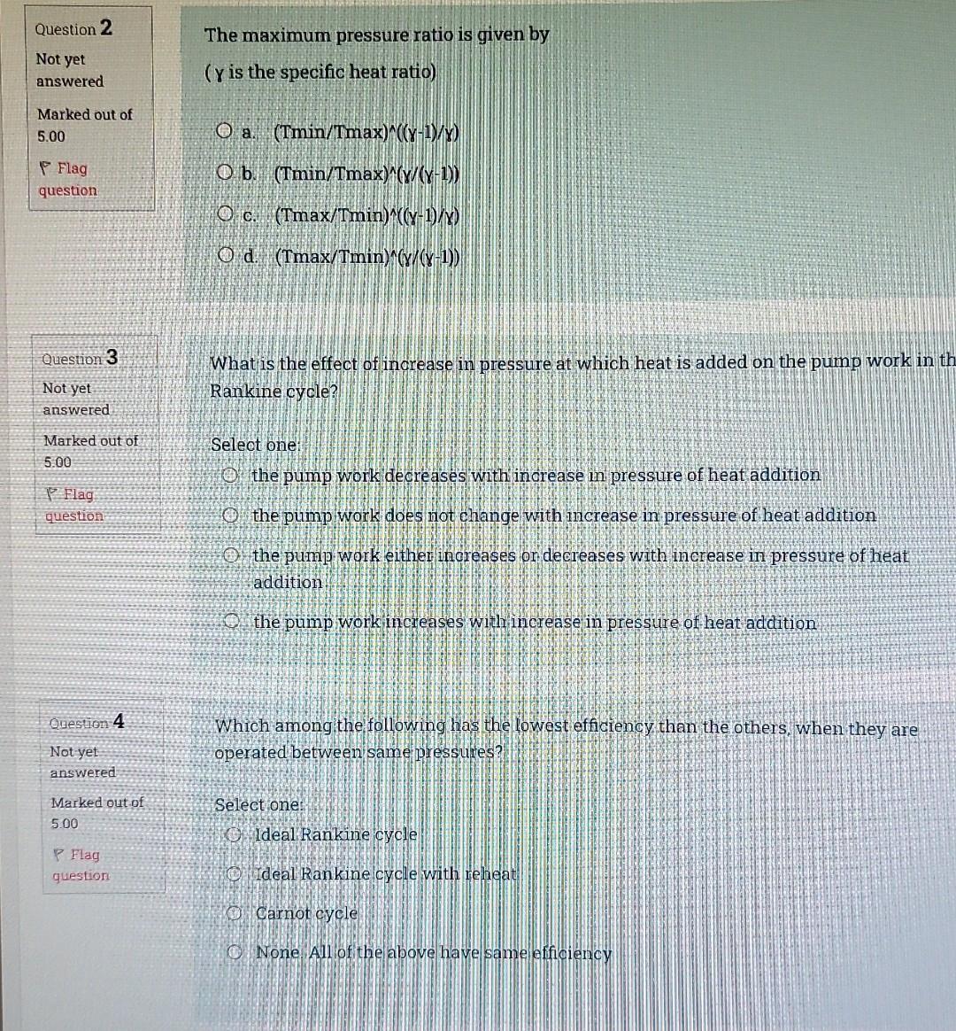 Question 2 Not Yet Answered The Maximum Pressure Ratio Is Given By Y Is The Specific Heat Ratio Marked Out Of 5 00 Fla 1