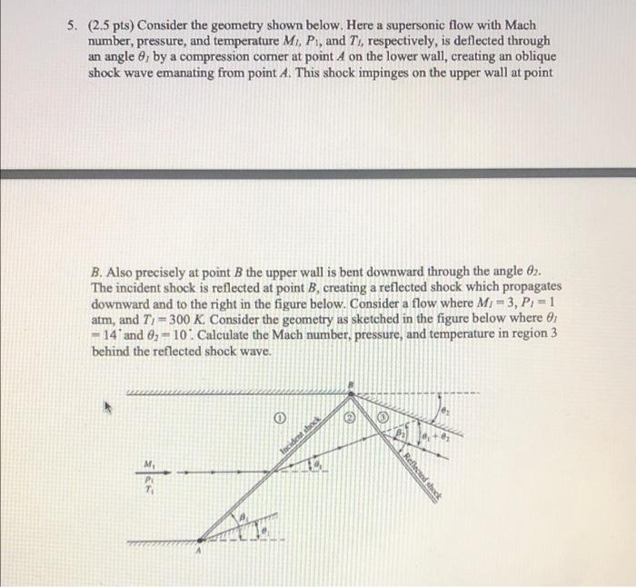 5 2 5 Pts Consider The Geometry Shown Below Here A Supersonic Flow With Mach Number Pressure And Temperature M P 1