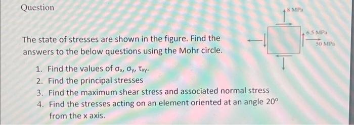 Question 8 Mp 6 5 Mpa 50 Mpa The State Of Stresses Are Shown In The Figure Find The Answers To The Below Questions Usin 1