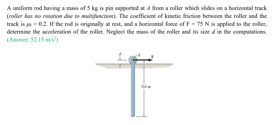 A Uniform Rod Having A Mass Of 5 Kg Is Pin Supported At A From A Roller Which Slides On A Horizontal Track Roller Has N 1