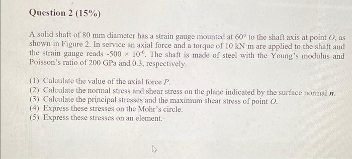 Question 2 15 A A Solid Shaft Of 80 Mm Diameter Has A Strain Gauge Mounted At 60 To The Shaft Axis At Point O As Sh 1