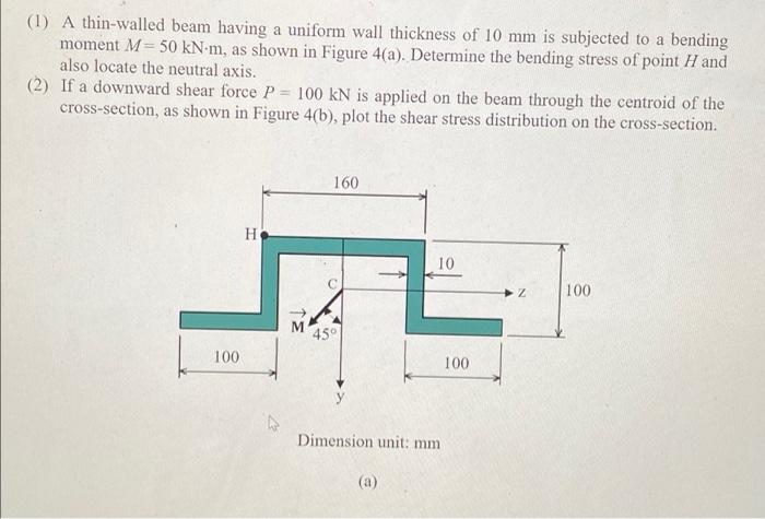 1 A Thin Walled Beam Having A Uniform Wall Thickness Of 10 Mm Is Subjected To A Bending Moment M 50 Kn M As Shown In 1