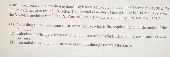 A Steel Open Ended Thick Walled Hydraulic Cylinder Is Subjected To An Internal Pressure Of 200 Mpa And An External Press 1