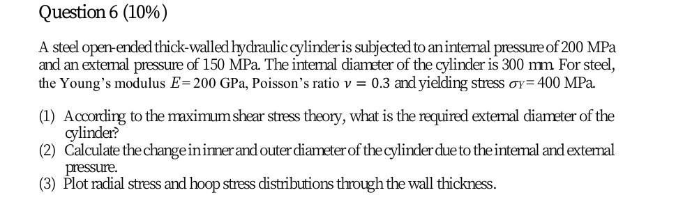 Question 6 10 A Steel Open Ended Thick Walled Hydraulic Cylinder Is Subjected To An Internal Pressure Of 200 Mpa And 1