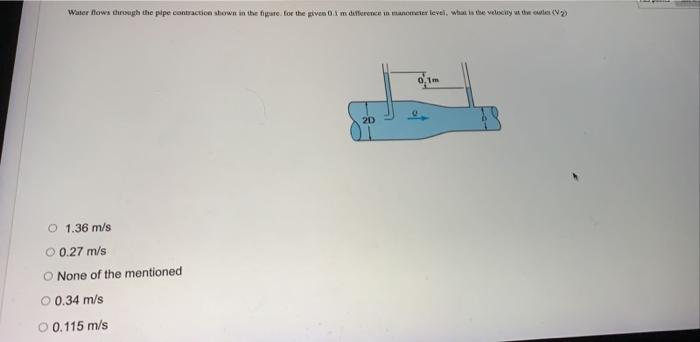 Water Flows Through The Pipe Contraction Shown In The Fare For The Given Im Diference In Manometer Level What De Veloci 1