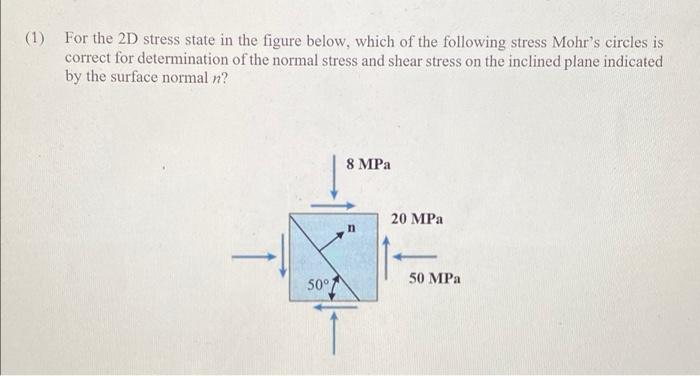 1 For The 2d Stress State In The Figure Below Which Of The Following Stress Mohr S Circles Is Correct For Determinati 1