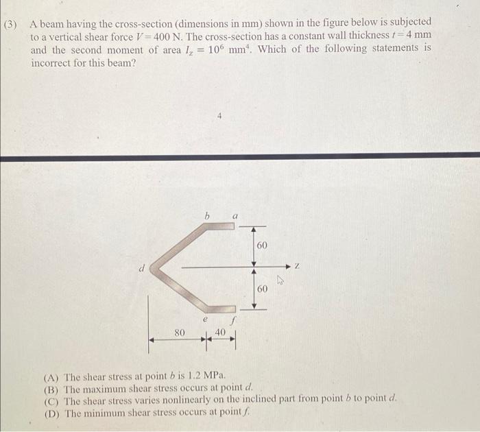 3 A Beam Having The Cross Section Dimensions In Mm Shown In The Figure Below Is Subjected To A Vertical Shear Force 1