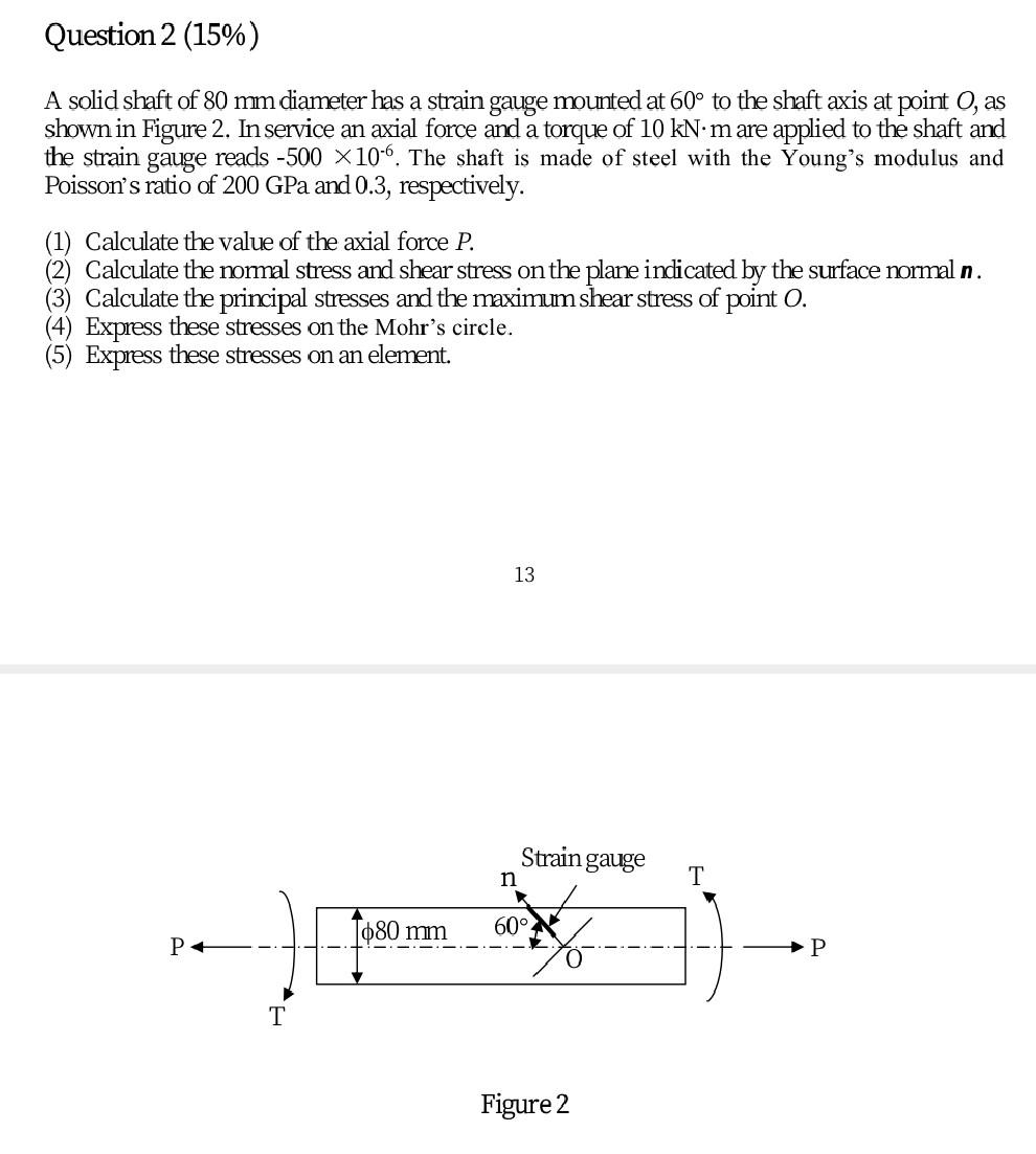 Question 2 15 A Solid Shaft Of 80 Mm Diameter Has A Strain Gauge Mounted At 60 To The Shaft Axis At Point O As Show 1