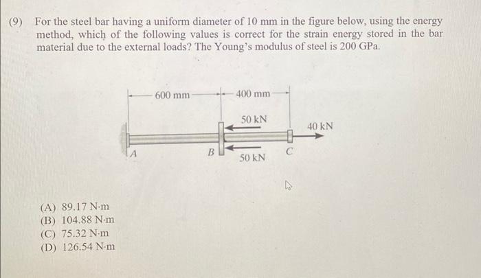 9 For The Steel Bar Having A Uniform Diameter Of 10 Mm In The Figure Below Using The Energy Method Which Of The Foll 1