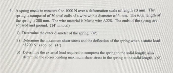 4 A Spring Needs To Measure 0 To 1000 N Over A Deformation Scale Of Length 80 Mm The Spring Is Composed Of 30 Total Co 1