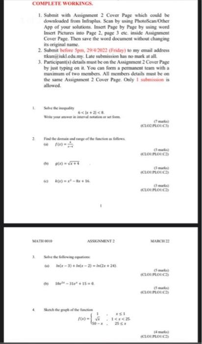 Complete Workings 1 Submit With Assignment 2 Cover Page Which Could Be Downloaded From Infraplus Scan By Using Photosc 1